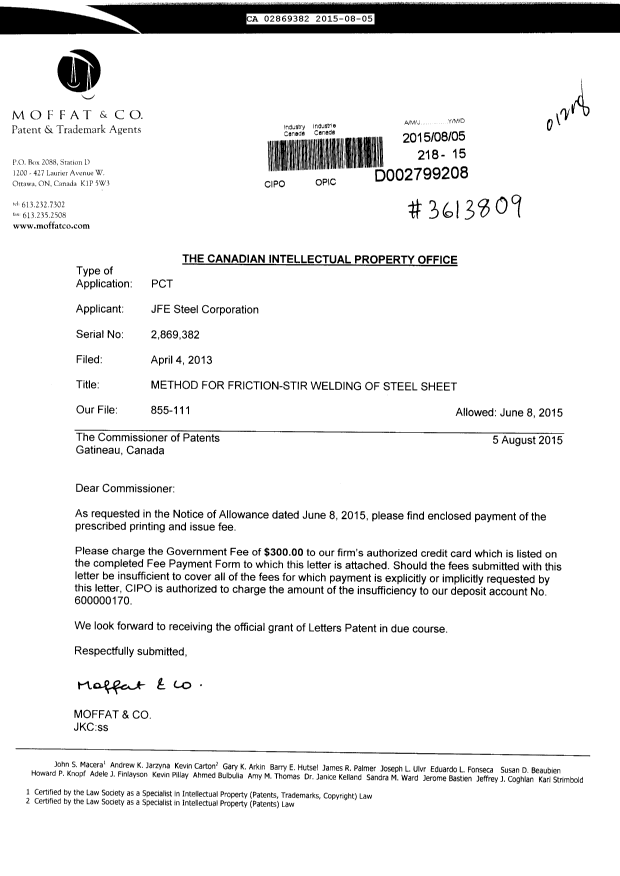 Document de brevet canadien 2869382. Taxe finale 20150805. Image 1 de 1