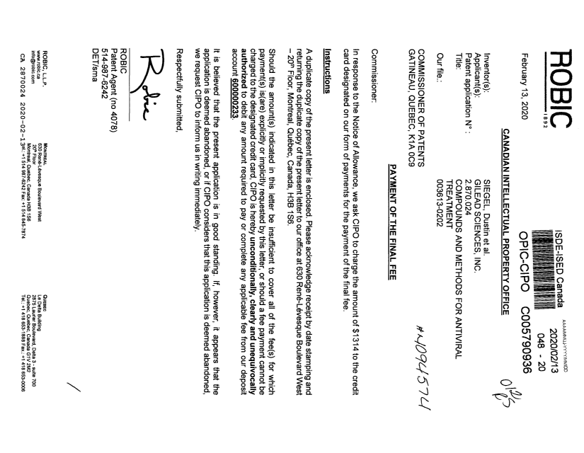 Canadian Patent Document 2870024. Final Fee 20200213. Image 1 of 1