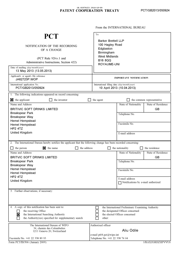 Document de brevet canadien 2870153. PCT 20141009. Image 1 de 11