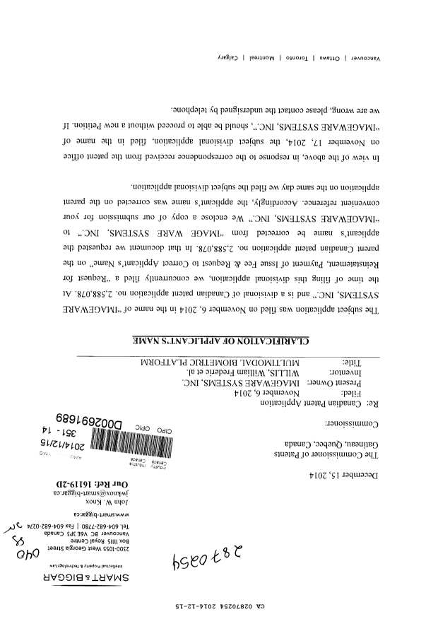 Document de brevet canadien 2870254. Correspondance 20131215. Image 1 de 6