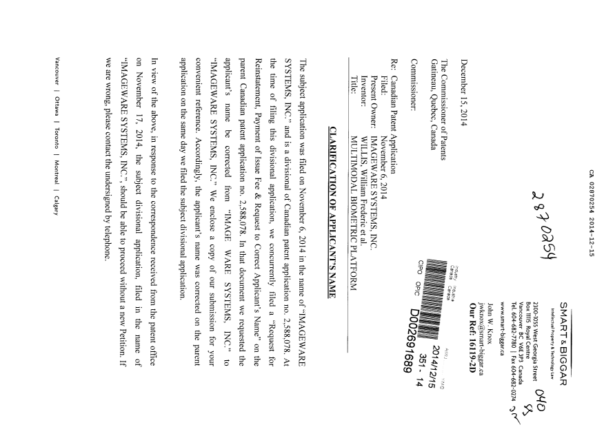 Document de brevet canadien 2870254. Correspondance 20131215. Image 1 de 6