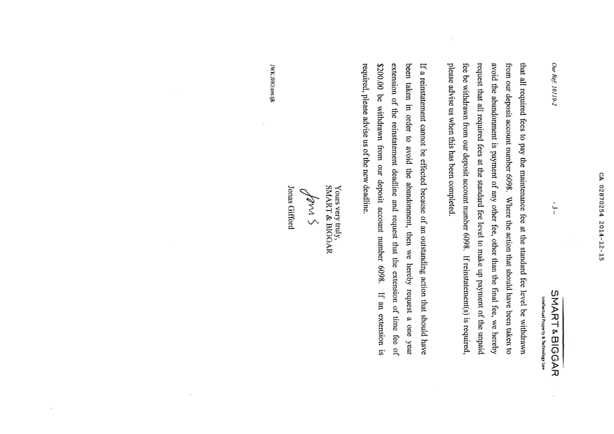 Document de brevet canadien 2870254. Correspondance 20131215. Image 6 de 6