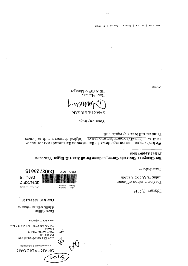 Document de brevet canadien 2870254. Correspondance 20141217. Image 1 de 4