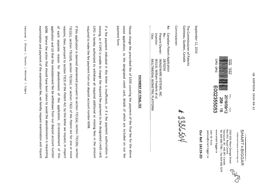 Canadian Patent Document 2870254. Correspondence 20151212. Image 1 of 2