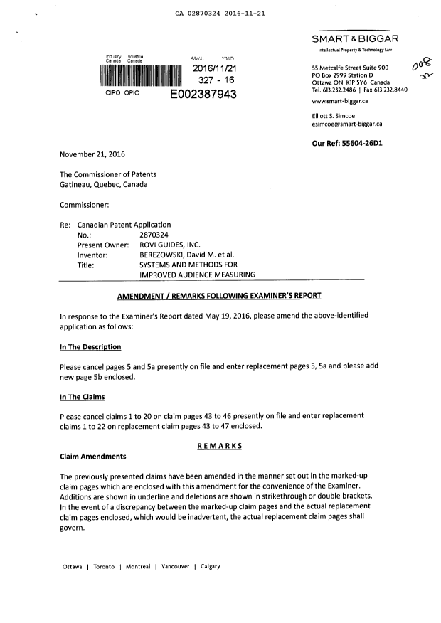 Canadian Patent Document 2870324. Amendment 20161121. Image 1 of 17