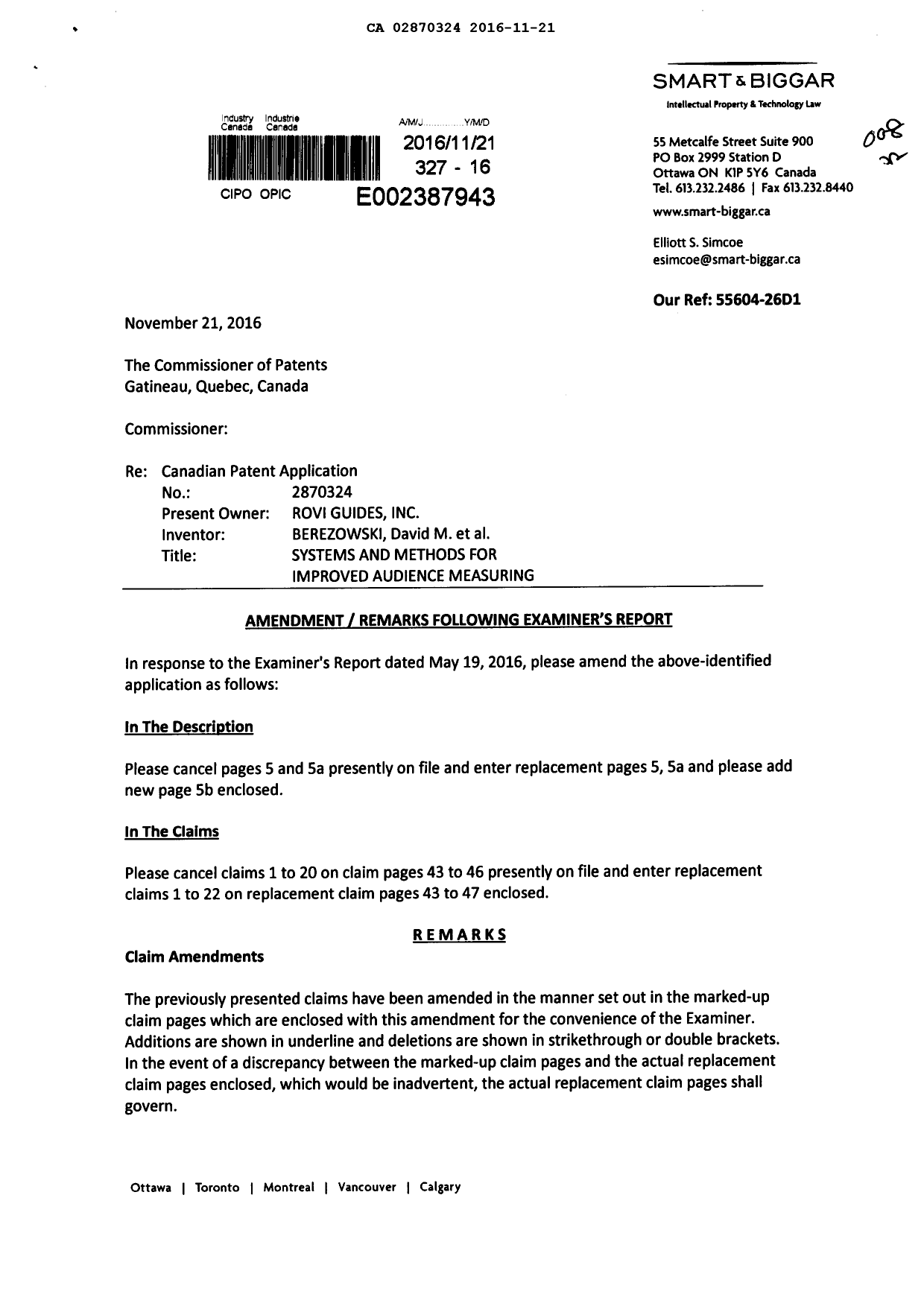 Canadian Patent Document 2870324. Amendment 20161121. Image 1 of 17