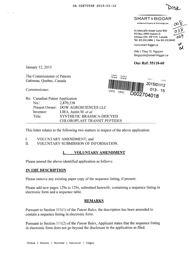 Document de brevet canadien 2870538. Poursuite-Amendment 20150112. Image 1 de 28