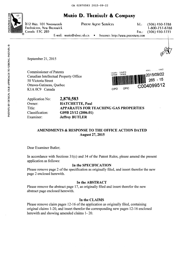 Canadian Patent Document 2870583. Prosecution-Amendment 20141222. Image 1 of 9