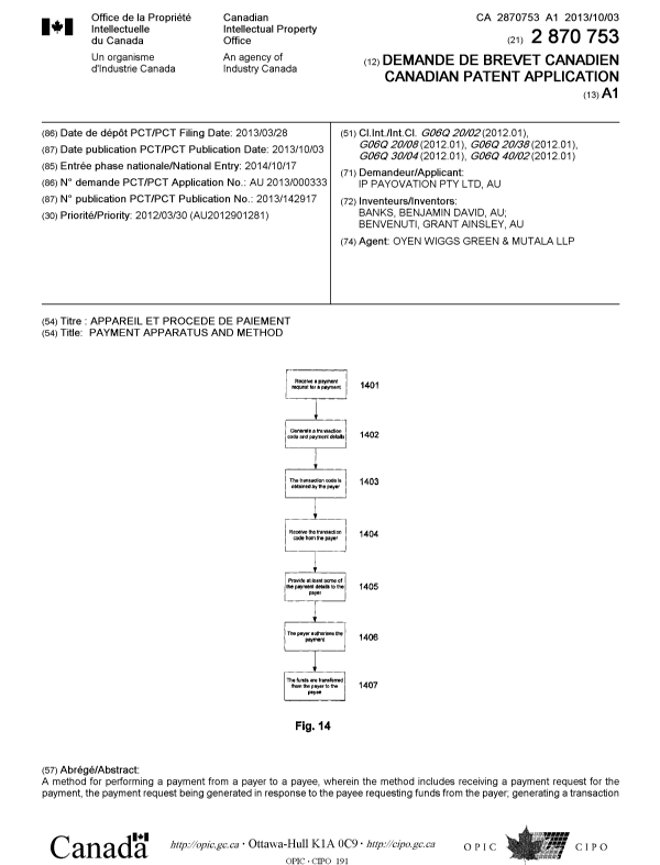 Document de brevet canadien 2870753. Page couverture 20141231. Image 1 de 2