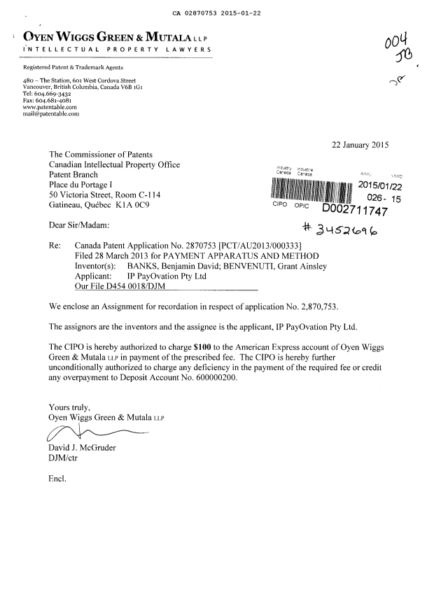 Document de brevet canadien 2870753. Cession 20150122. Image 1 de 2