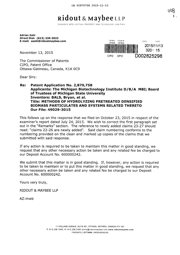 Document de brevet canadien 2870758. Poursuite-Amendment 20141213. Image 1 de 1