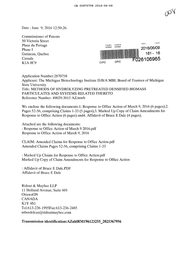 Document de brevet canadien 2870758. Poursuite-Amendment 20151209. Image 1 de 22