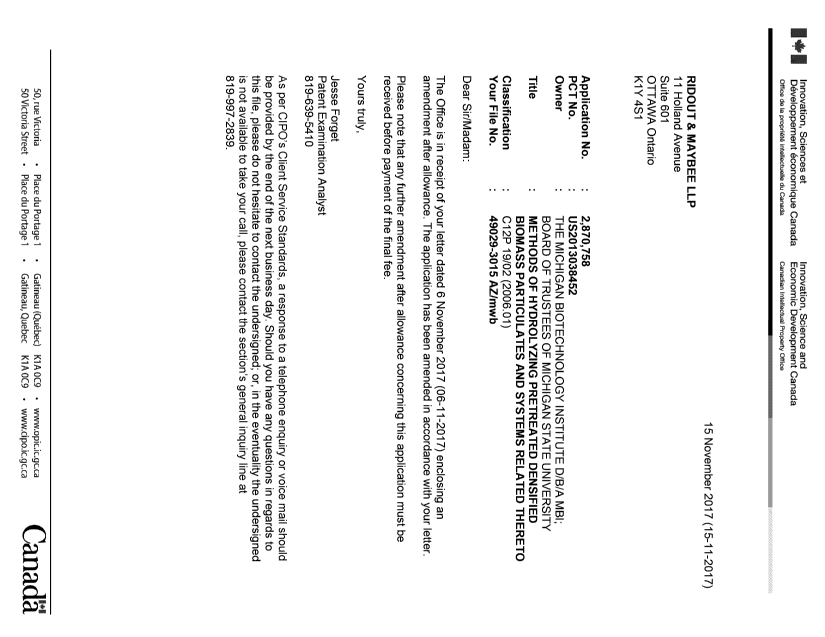 Document de brevet canadien 2870758. Correspondance 20161215. Image 1 de 1