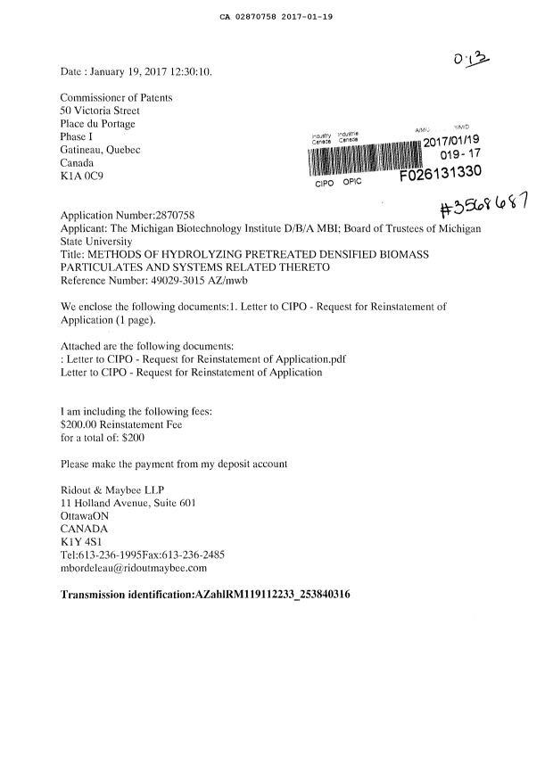 Document de brevet canadien 2870758. Poursuite-Amendment 20161219. Image 1 de 2