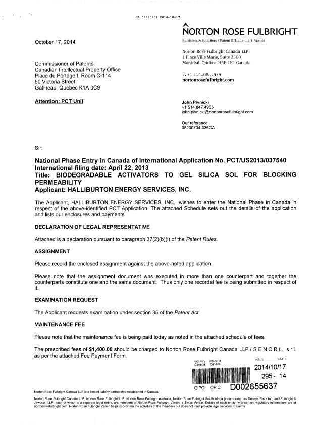 Canadian Patent Document 2870904. Assignment 20141017. Image 1 of 8