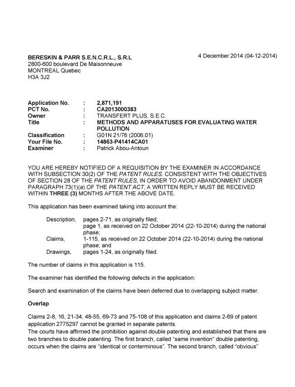 Document de brevet canadien 2871191. Poursuite-Amendment 20131204. Image 1 de 4