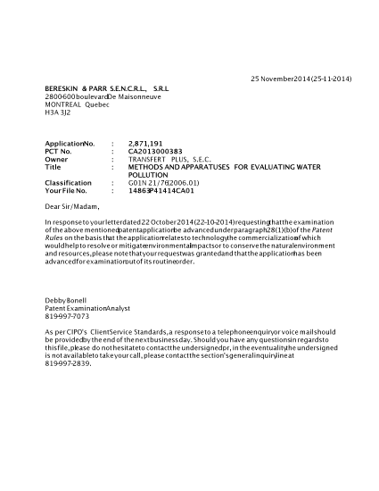 Document de brevet canadien 2871191. Poursuite-Amendment 20131225. Image 1 de 1