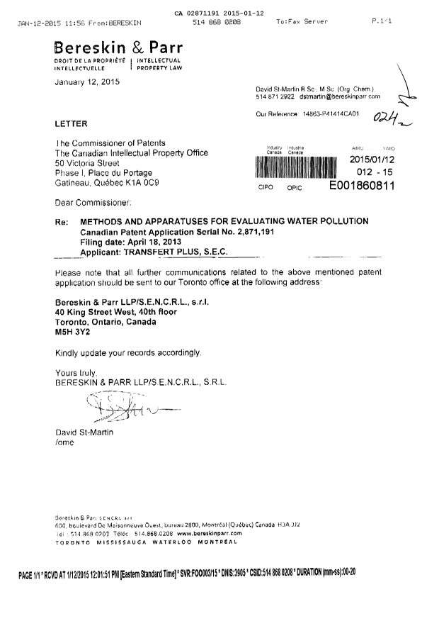 Document de brevet canadien 2871191. Correspondance 20141212. Image 1 de 1