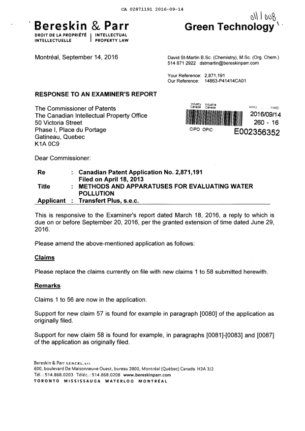 Document de brevet canadien 2871191. Poursuite-Amendment 20151214. Image 1 de 16
