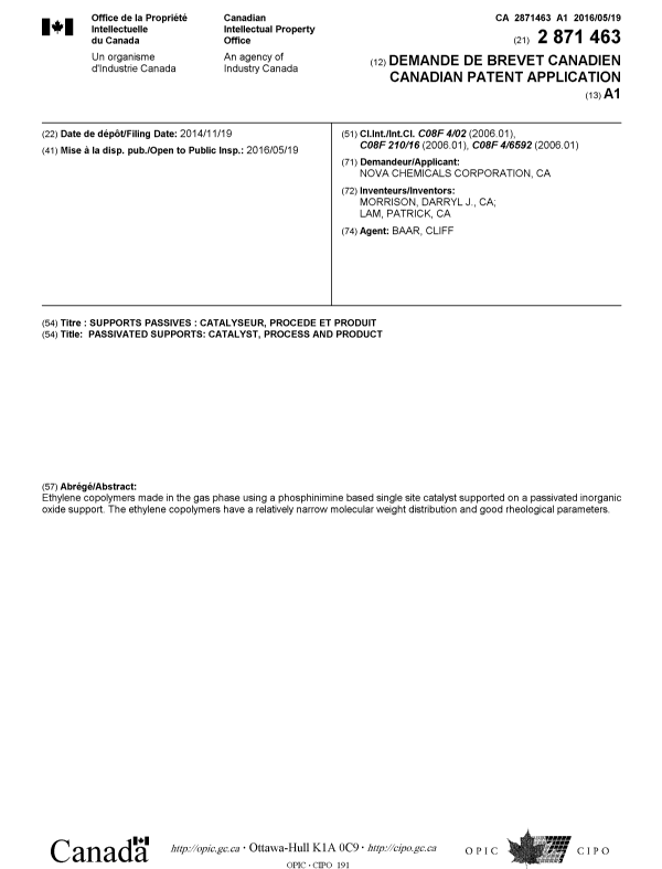 Document de brevet canadien 2871463. Page couverture 20160426. Image 1 de 1