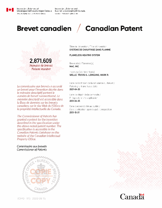 Canadian Patent Document 2871609. Electronic Grant Certificate 20210420. Image 1 of 1