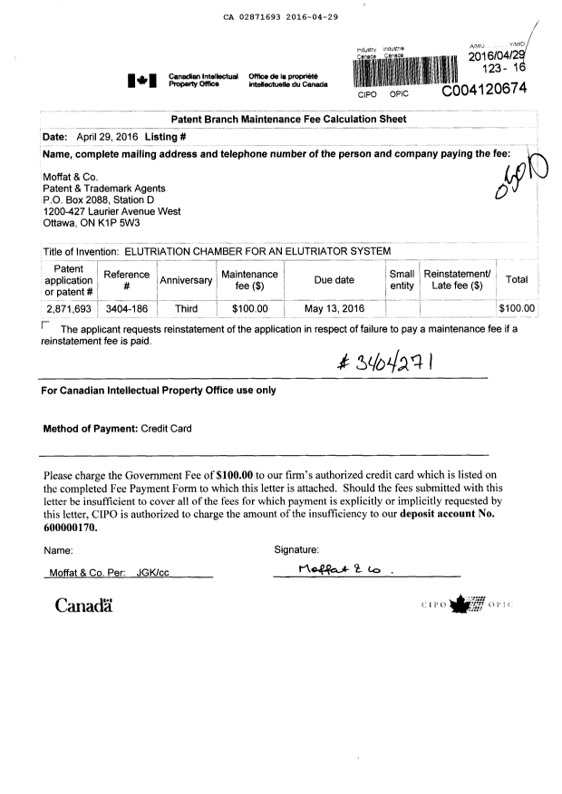 Canadian Patent Document 2871693. Maintenance Fee Payment 20160429. Image 1 of 1