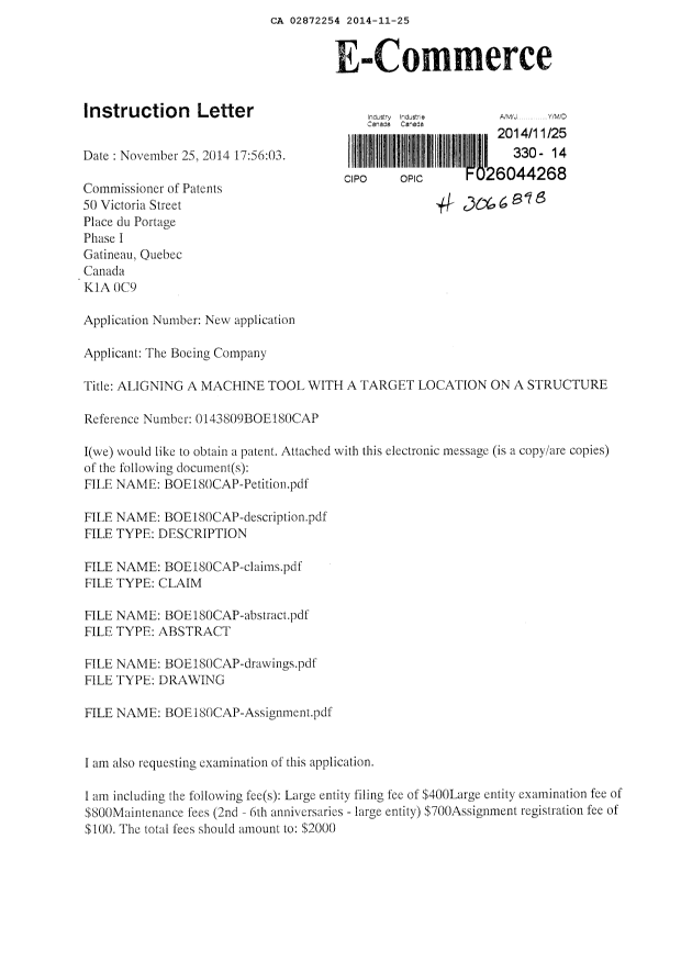 Document de brevet canadien 2872254. Cession 20141125. Image 1 de 9