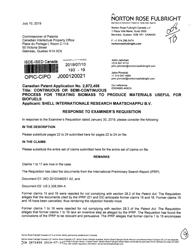 Canadian Patent Document 2872456. Amendment 20190710. Image 1 of 9
