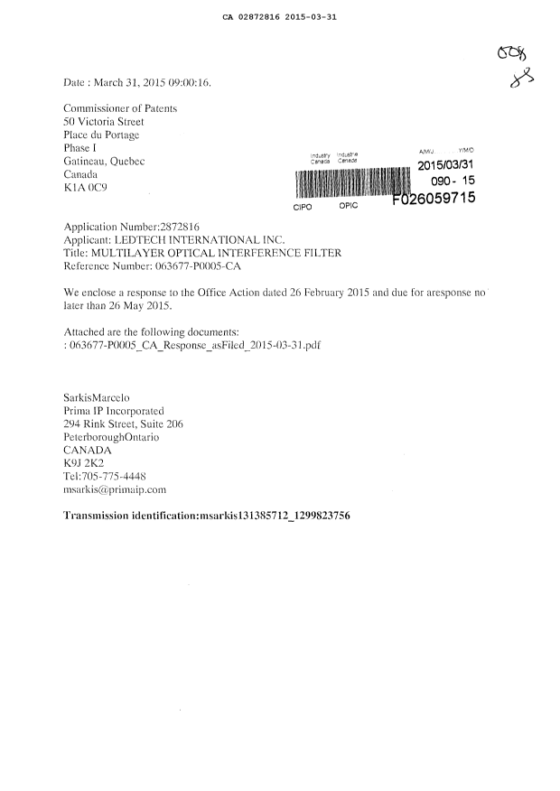 Document de brevet canadien 2872816. Poursuite-Amendment 20141231. Image 1 de 16