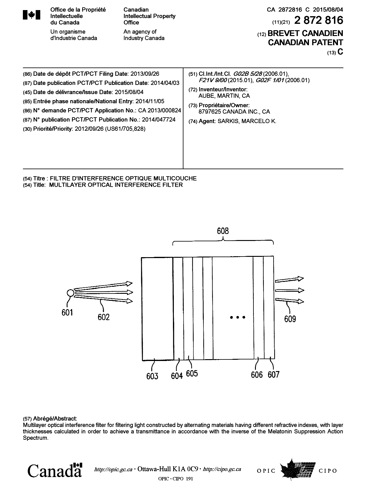 Canadian Patent Document 2872816. Cover Page 20150715. Image 1 of 1