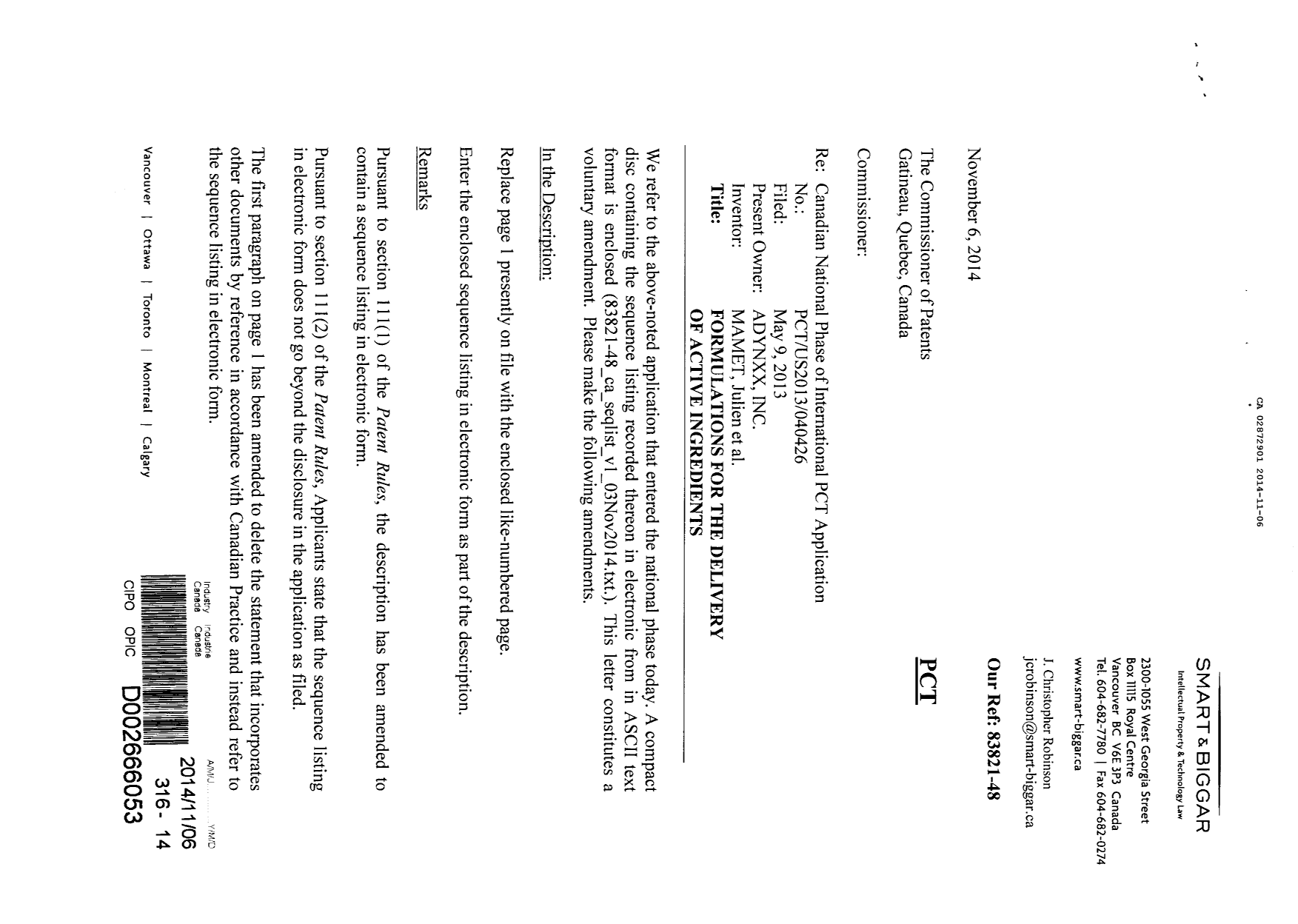 Canadian Patent Document 2872901. Prosecution-Amendment 20141106. Image 1 of 3