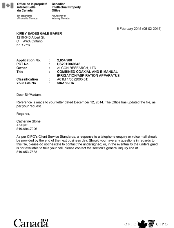 Document de brevet canadien 2874132. Correspondance 20150205. Image 1 de 2