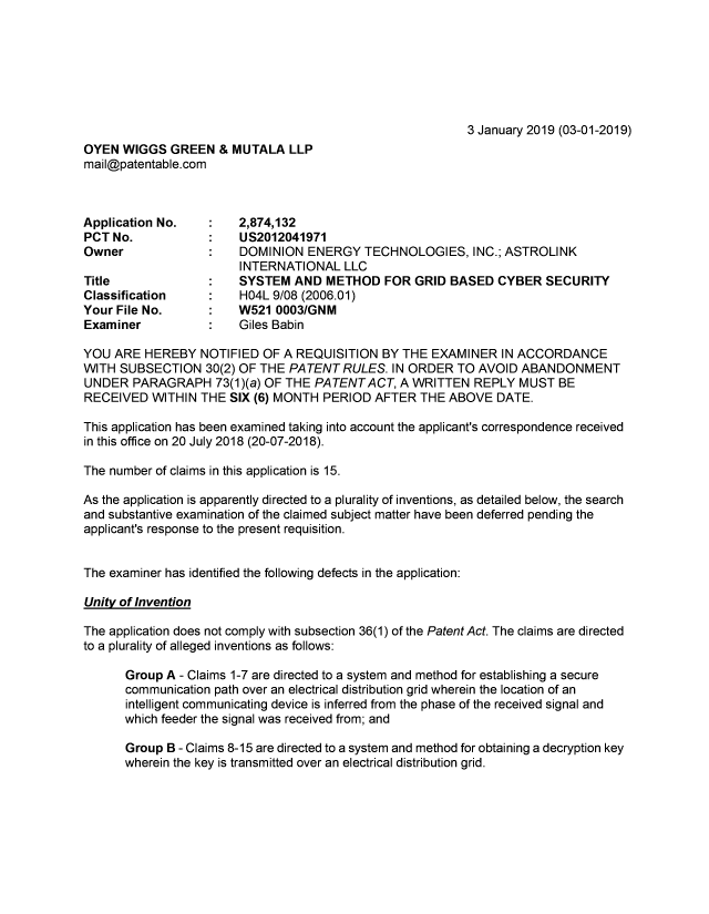 Document de brevet canadien 2874132. Demande d'examen 20190103. Image 1 de 3