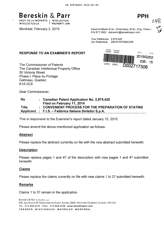 Document de brevet canadien 2874420. Poursuite-Amendment 20141202. Image 1 de 24