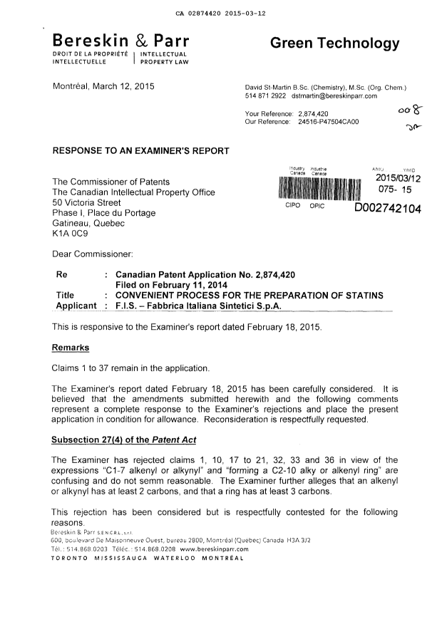 Canadian Patent Document 2874420. Prosecution-Amendment 20141212. Image 1 of 3