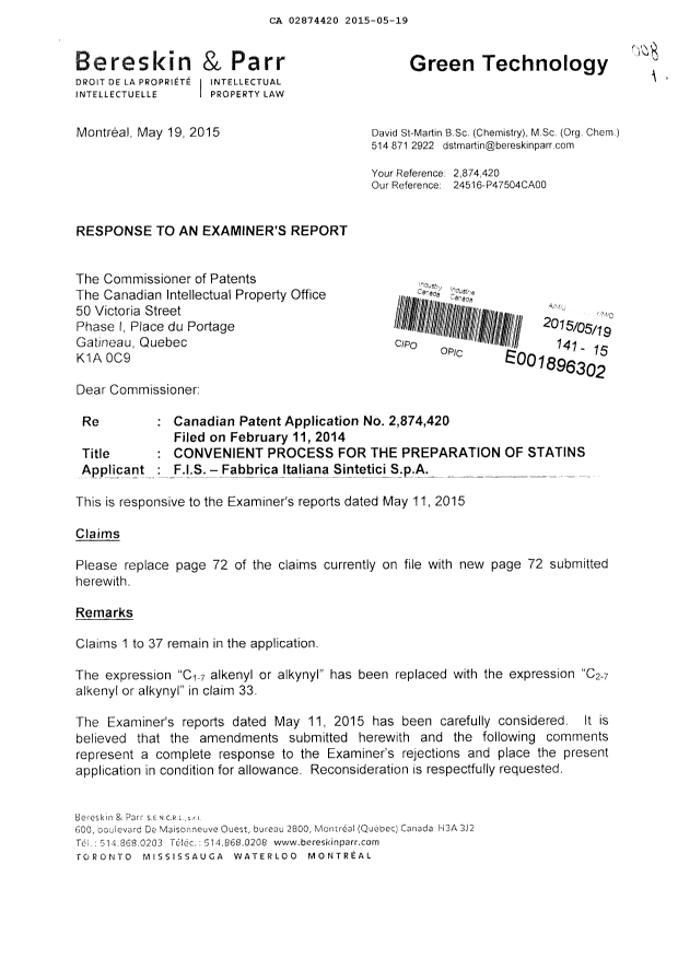 Canadian Patent Document 2874420. Prosecution-Amendment 20141219. Image 1 of 3