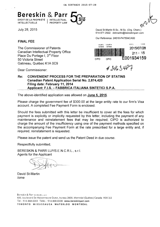 Canadian Patent Document 2874420. Correspondence 20141228. Image 1 of 1