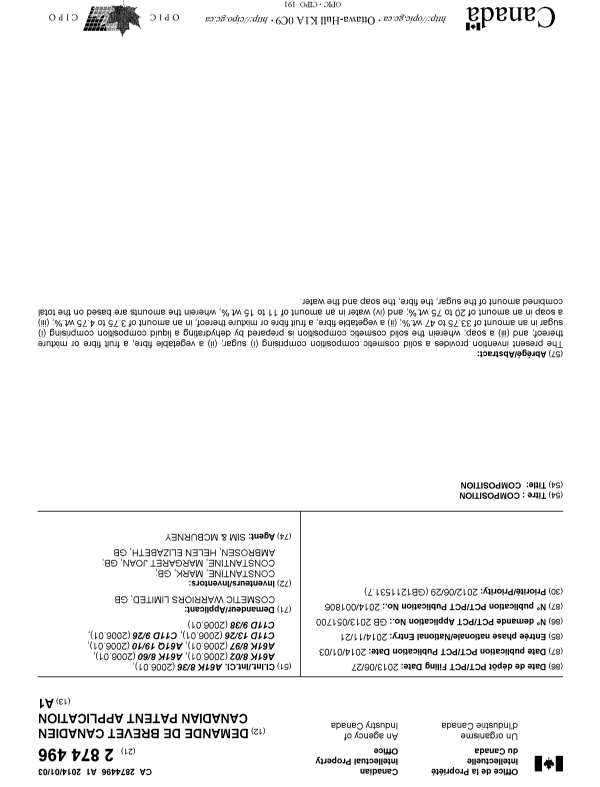 Canadian Patent Document 2874496. Cover Page 20150128. Image 1 of 1