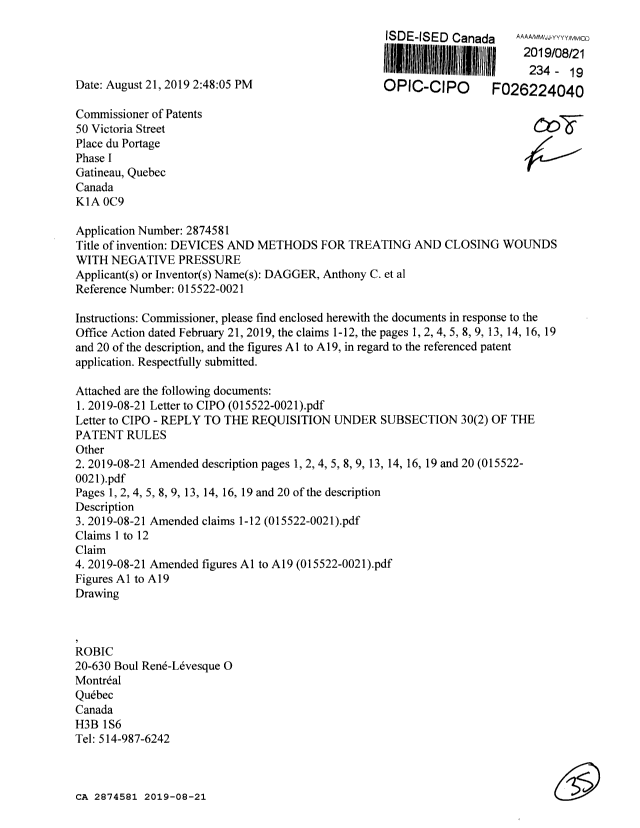 Document de brevet canadien 2874581. Modification 20190821. Image 1 de 36