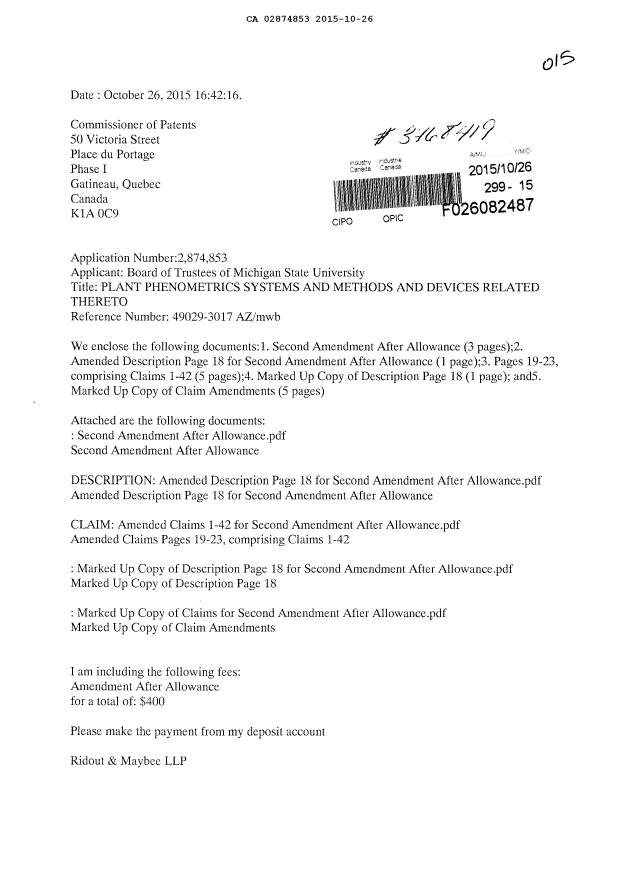 Canadian Patent Document 2874853. Prosecution-Amendment 20141226. Image 1 of 17