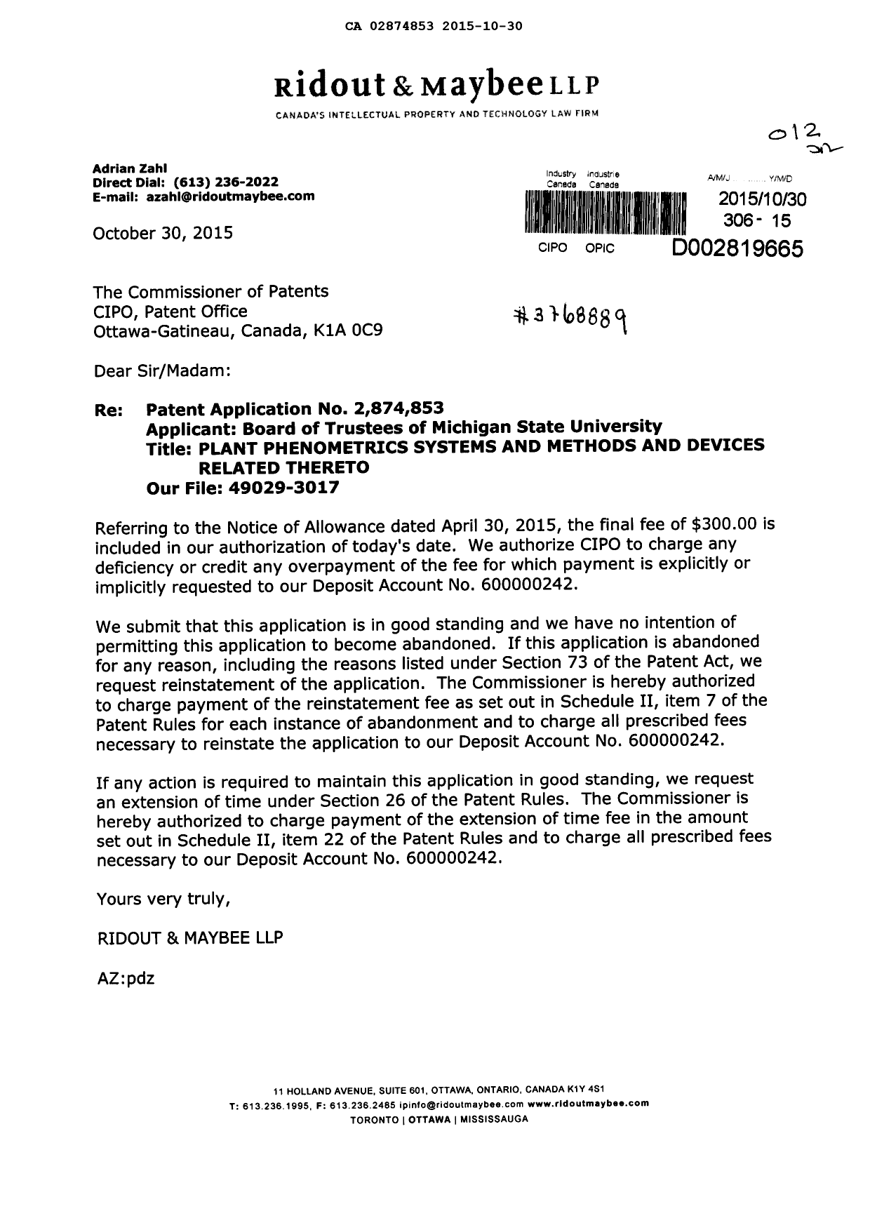 Document de brevet canadien 2874853. Correspondance 20141230. Image 1 de 1