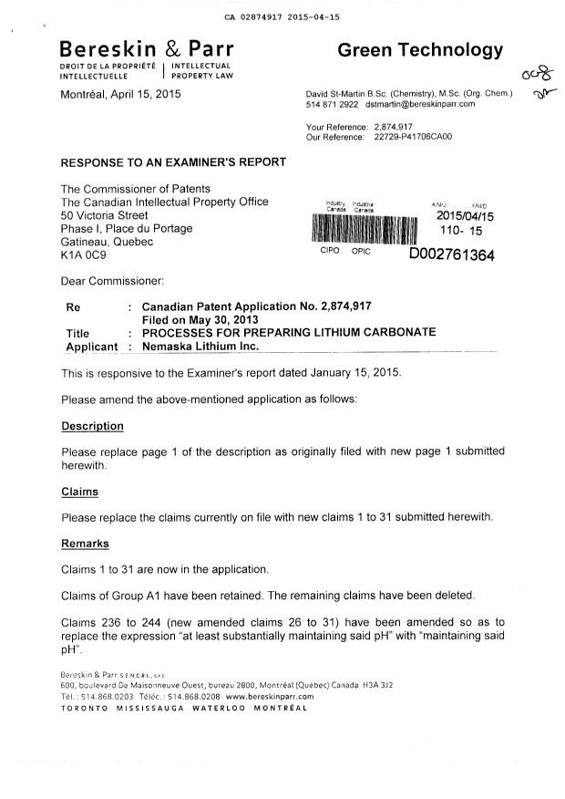 Canadian Patent Document 2874917. Prosecution-Amendment 20150415. Image 1 of 9