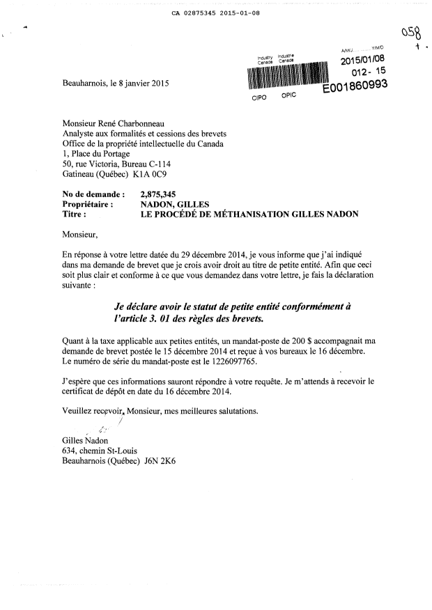 Document de brevet canadien 2875345. Correspondance 20141208. Image 1 de 1