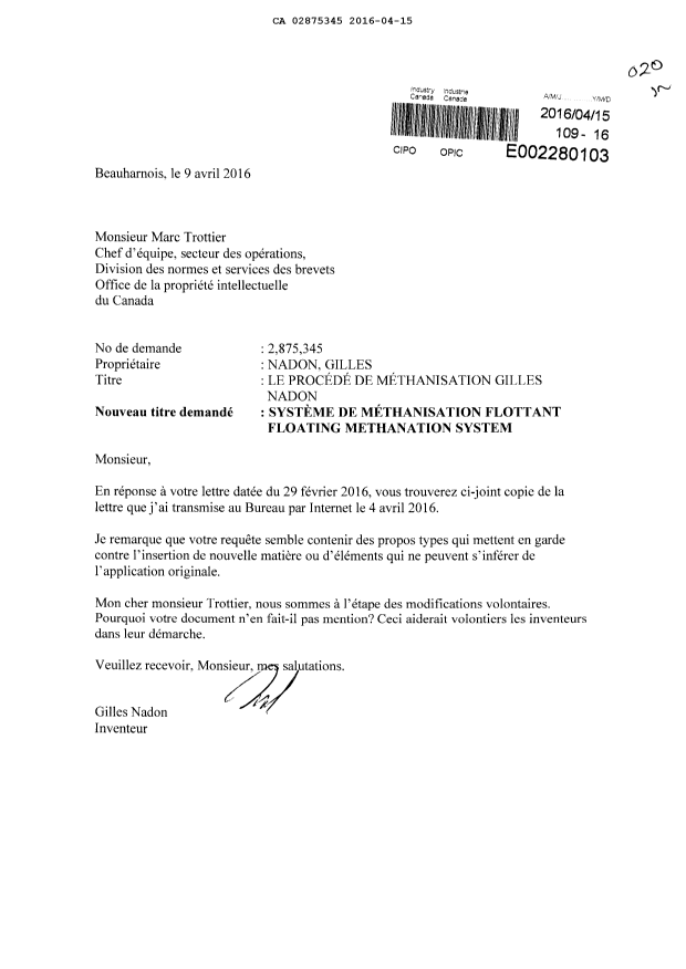 Document de brevet canadien 2875345. Correspondance 20151215. Image 1 de 2