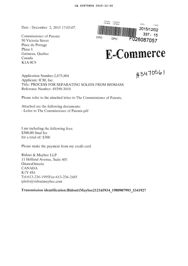 Document de brevet canadien 2875804. Correspondance 20141202. Image 1 de 2