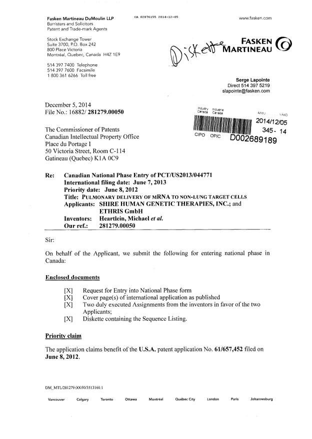 Canadian Patent Document 2876155. Assignment 20141205. Image 1 of 16