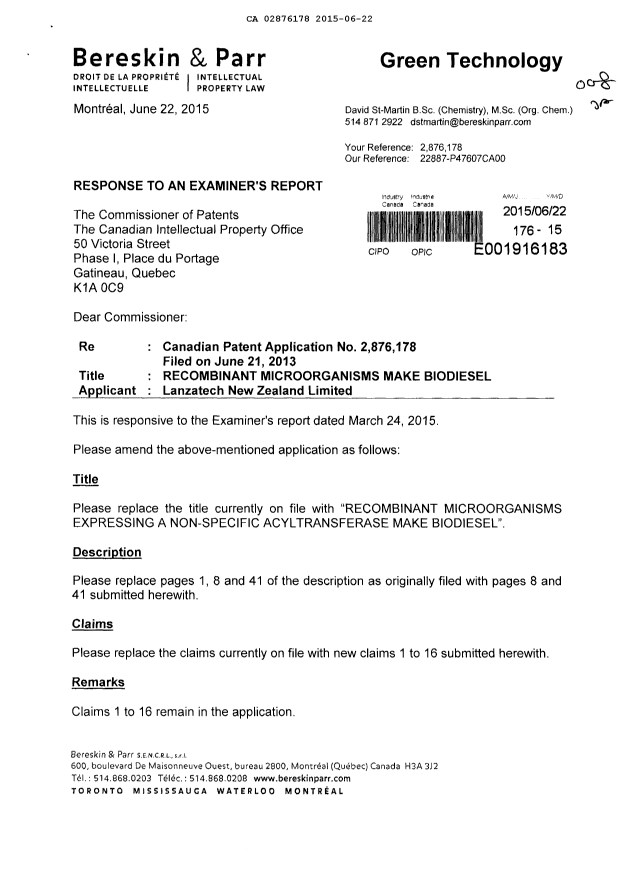 Document de brevet canadien 2876178. Poursuite-Amendment 20141222. Image 1 de 13