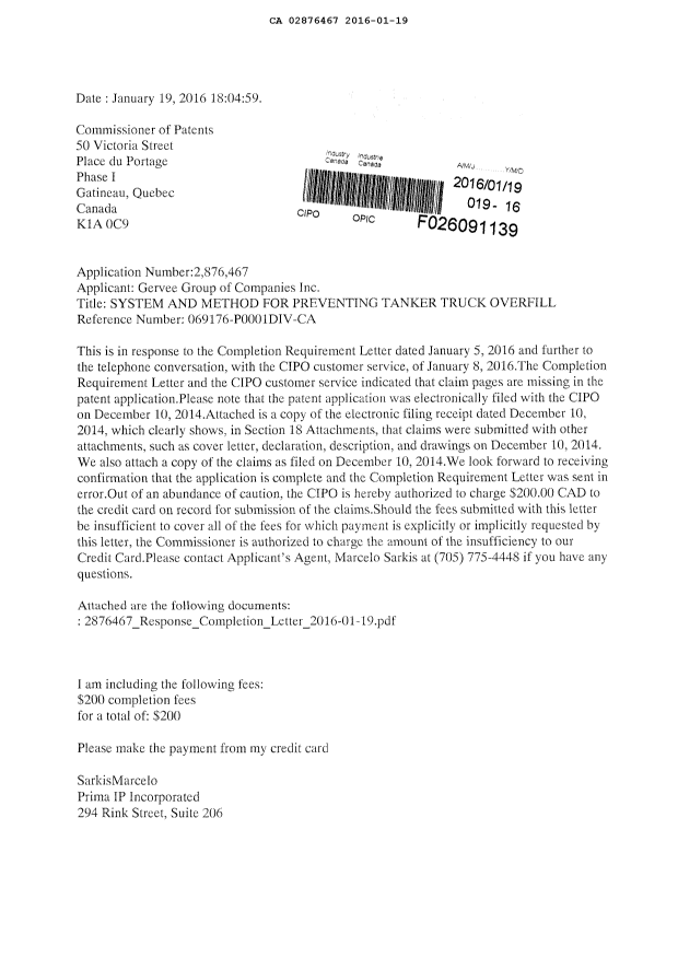 Document de brevet canadien 2876467. Correspondance 20151219. Image 1 de 19