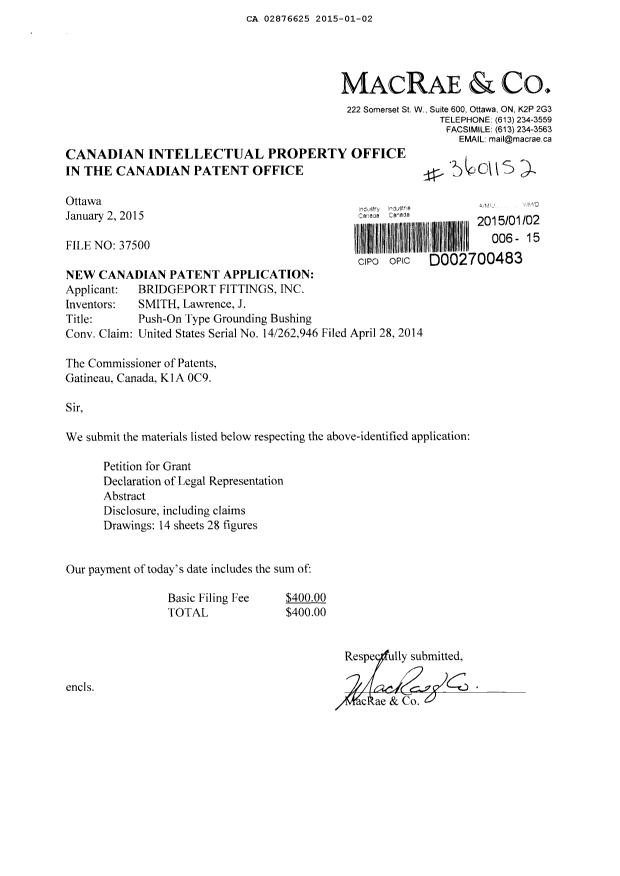 Document de brevet canadien 2876625. Cession 20150102. Image 1 de 3