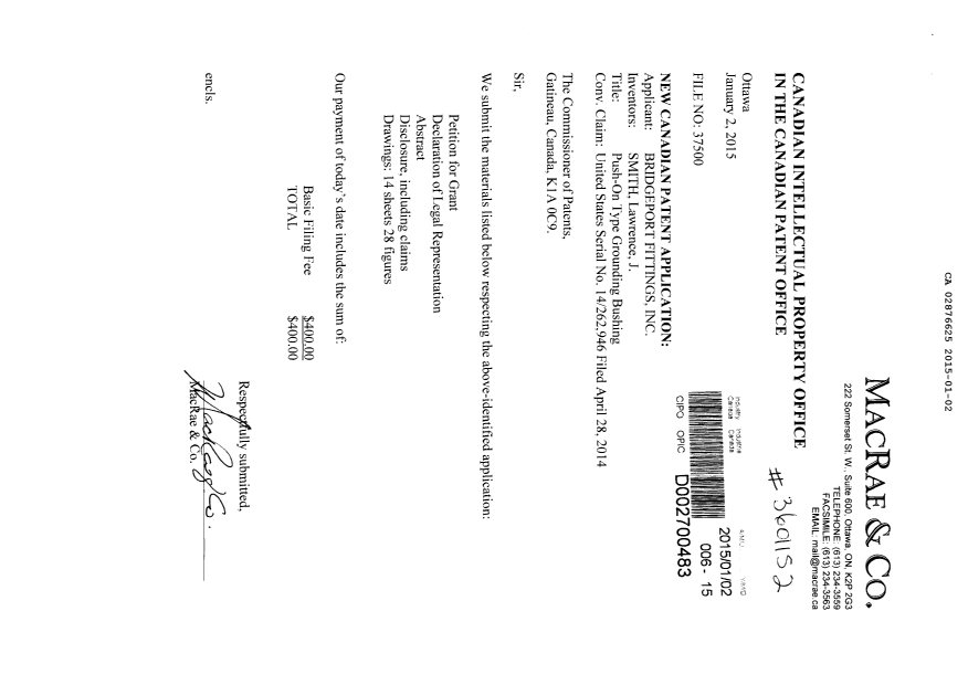 Canadian Patent Document 2876625. Assignment 20150102. Image 1 of 3